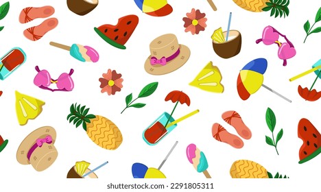 Vector seamless set of items for Summer holidays. Pattern items for a party on the beach. Horizontal banner on a summer theme with an image of bathing.