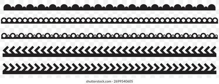 Conjunto sem emenda do vetor com borda irregular. Fronteiras e divisórias. Ornamento de preenchimento repetitivo. Elemento para seu design de fitas de textura Em fundo transparente. EPS 10.