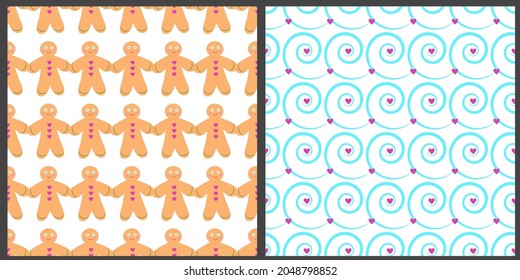 Vector seamless set of patterns with cookies. Cute gingerbread men and blue spirals with pink hearts on a white isolated background. 