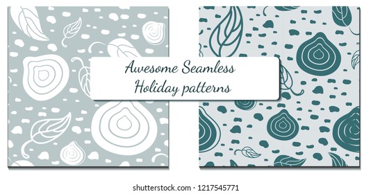 Vector seamless set of patterns with unordinary design elements like leaves and branches with snowfall background