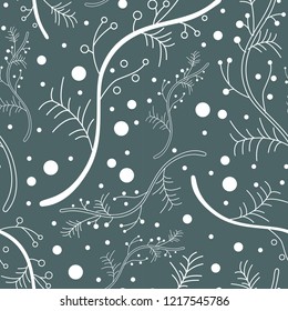 Vector seamless set of patterns with unordinary design elements like leaves and branches with snowfall background