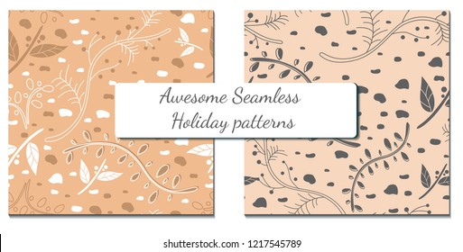 Vector seamless set of patterns with unordinary design elements like leaves and branches with snowfall background