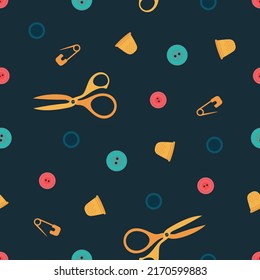 vector seamless sewing pattern with buttons, thimbles, pins and scissors on dark background, vintage seamstress tools, ideal for printing onto fabric, textile, packaging