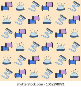 Vector seamless sewing pattern cushion for needles, coil ribbons and spools with threads