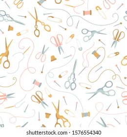 Vector seamless sewing pattern in pastel colors on a white background. Vintage seamstress tools. Scissors, threads, needles, pins, thimble. Ideal for printing onto fabric, textile, packaging.