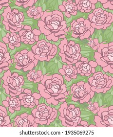 Vector seamless shabby chic floral pattern with pink roses and green leaves. Use for fabric, paper, wrapping, any backgrounds.