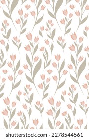 Vector seamless shabby chic pattern. Flat texture with small coral flowers on stems with foliage. Ditsy fabric. Rustic floral wallpaper.
