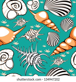 vector seamless shells on turquoise background