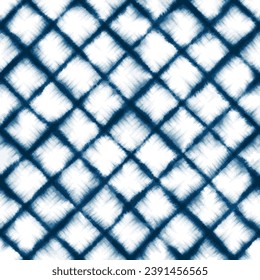 Vector Seamless Shibori Watercolor Indigo Tie Dye Fabric Pattern Texture Blue White Diamond Geo
