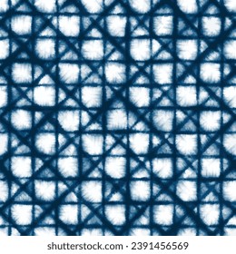 Vector Seamless Shibori Watercolor Indigo Tie Dye Fabric Pattern Texture Blue White Stripe Diamond Grid 