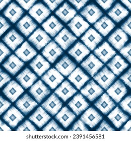 Vector Seamless Shibori Watercolor Indigo Tie Dye Fabric Pattern Texture Blue White Diamond Stripe Geo