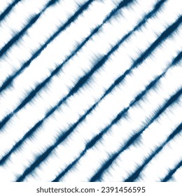 Vector Seamless Shibori Watercolor Indigo Tie Dye Fabric Pattern Texture Blue White Diagonal Candy Stripe