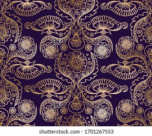 Vector seamless shiny folk floral pattern with gold glitter sparkle flowers on violet background