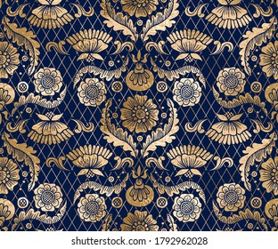 Vector seamless shiny folk floral pattern with gold glitter sparkle flowers on dark blue background 