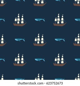 Vector seamless ship and whale pattern. Ocean or sea background