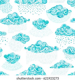 Vector seamless shower pattern. Doodles clouds and rain drops on white background. Blue and white boundless rainy background. Hand-drawn swirls, spirals and curls.