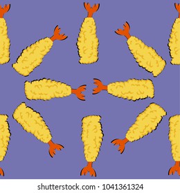 Vector seamless shrimp tempura or fried prawns pattern. Japanese food with colorful background.