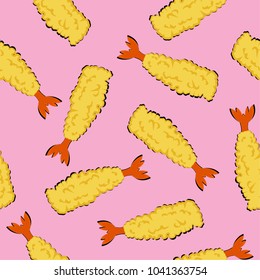 Vector seamless shrimp tempura or fried prawns pattern. Japanese food with colorful background.
