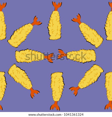 Vector seamless shrimp tempura or fried prawns pattern. Japanese food with colorful background.