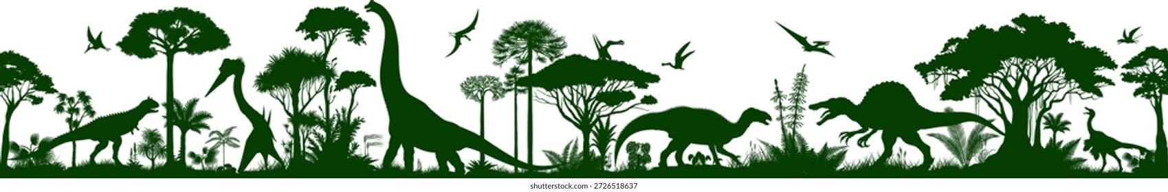 Panorama de silhueta sem costura vetorial com Brachiosaurus, quetzalcoatlus, carnotaurus, iguanodon, spinosaurus, gallimimus e pterosaurus na selva