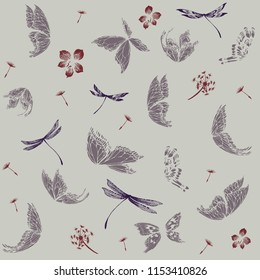 vector seamless silhouette pattern butterfly dragonfly orchid flower dandelion, background for printing on fabric and t-shirts, summer spring mood flying dandelion eps 10