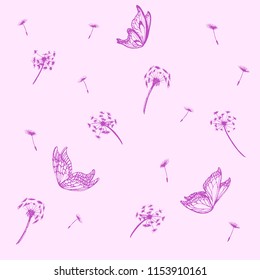 vector seamless silhouette pattern butterfly dragonfly orchid flower dandelion, background for printing on fabric and t-shirts, summer spring mood flying dandelion eps 10