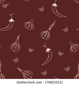 Vector seamless silhouette pattern of garlic heads and chili peppers in a burgundy background.