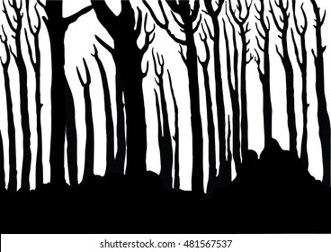 Vector seamless silhouettes fabulous tree. Horizontal seamless pattern. Magic forest landscape with trees. Stylized tree. Vector horizontal illustration of forest with trees and hills. black-and-white