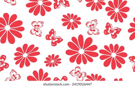 Vector seamless simple, monochrome floral spring pattern with flowers and butterflies in doodle style on a transparent background	
