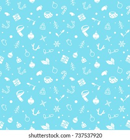 Vector seamless simple pattern with christmas symbols (tree, gift box, snowflakes, candy cane, toy). Holiday blue background for printing on fabric, paper for scrapbooking, gift wrap and wallpapers.