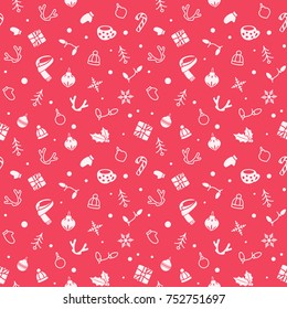 Vector seamless simple pattern with christmas elements (tree, gift box, snowflakes, candy cane, toy). Holiday red background for printing on fabric, paper for scrapbooking, gift wrap and wallpapers.