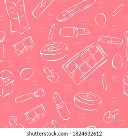 Vector seamless simple pattern cosmetics on pink background. Textile, gift paper, cover