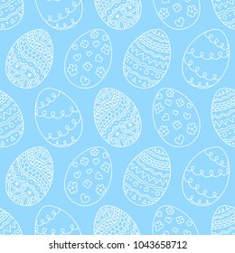 Vector seamless simple pattern with easter eggs. Easter holiday blue background of doodle eggs