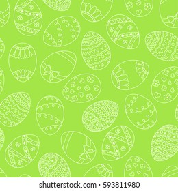 Vector Seamless Simple Pattern With Easter Eggs. Easter Holiday Green Background Of Ornamental Eggs