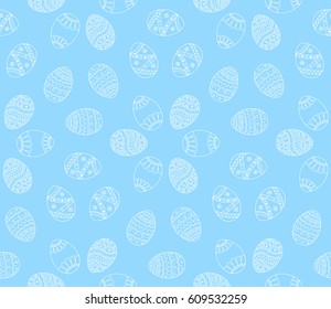 Vector Seamless Simple Pattern With Easter Eggs. Easter Holiday Blue Background Of Ornamental Eggs