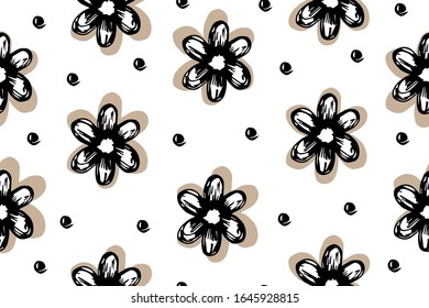 vector seamless simple pattern with flowers and dots on a white background. can be used as a print, packaging paper design, textile, background or Wallpaper