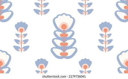 Vector seamless simple pattern with geometric flowers on a stem with foliage on white background. Retro floral texture in seventies style for wallpaper and wrapping paper.
