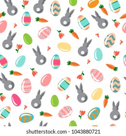 Vector seamless simple pattern with ornamental eggs and rabbits. Easter holiday colorful background for printing on fabric, paper for scrapbooking, gift wrap and wallpapers.