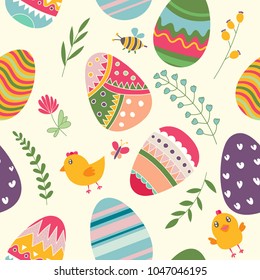 Vector seamless simple pattern with ornamental eggs. Easter holiday green background for printing on fabric, paper for scrapbooking, gift wrap and wallpapers.