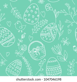 Vector seamless simple pattern with ornamental eggs. Easter holiday green background for printing on fabric, paper for scrapbooking, gift wrap and wallpapers.