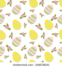 Vector seamless simple pattern with ornamental eggs and small pink flowers with leafs. Easter holiday white background for printing on fabric, paper for scrapbooking, gift wrap and wallpapers