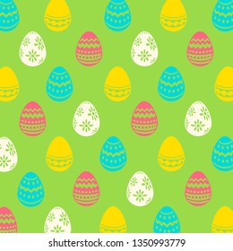 Vector seamless simple pattern with ornamental eggs. Easter holiday green background for printing on fabric, paper for scrapbooking, gift wrap and wallpapers. 