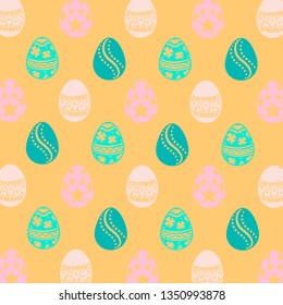 Vector seamless simple pattern with ornamental eggs. Easter holiday green background for printing on fabric, paper for scrapbooking, gift wrap and wallpapers. 
