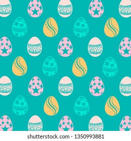 Vector seamless simple pattern with ornamental eggs. Easter holiday green background for printing on fabric, paper for scrapbooking, gift wrap and wallpapers. 