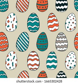 Vector seamless simple pattern with ornamental eggs. Easter holiday doodle background for printing on fabric, paper for scrapbooking, gift wrap and wallpapers.