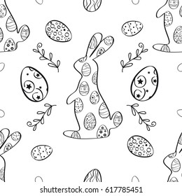 Vector seamless simple pattern with ornamental hand drawn eggs, rabbit and branches. Easter holiday background for printing on fabric, paper for scrapbooking, gift wrap and wallpapers. Coloring page.