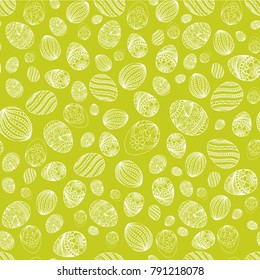 Vector seamless simple pattern with ornamental eggs. Easter eggs green background for printing on fabric, paper for scrapbooking, gift wrap and wallpapers. Happy Easter eggs on seamless background.