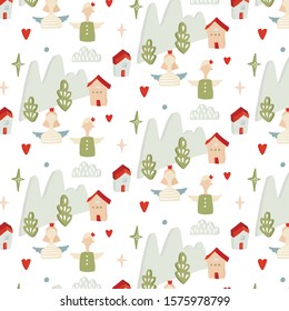 Vector seamless simple pattern in pastel colors with houses, trees, angel girl and boy