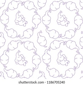 Vector seamless simple pattern with purple contour figures of elephants on a white background.