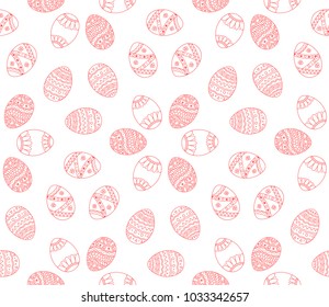 Vector Seamless Simple Pattern With Red Easter Egg On White Background. Easter Holiday Background Of Doodle Eggs